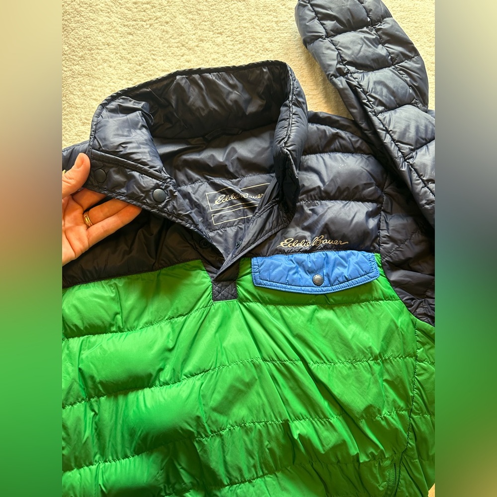 Eddie Bauer 1/4 snap puffer pullover/jacket - blue and green